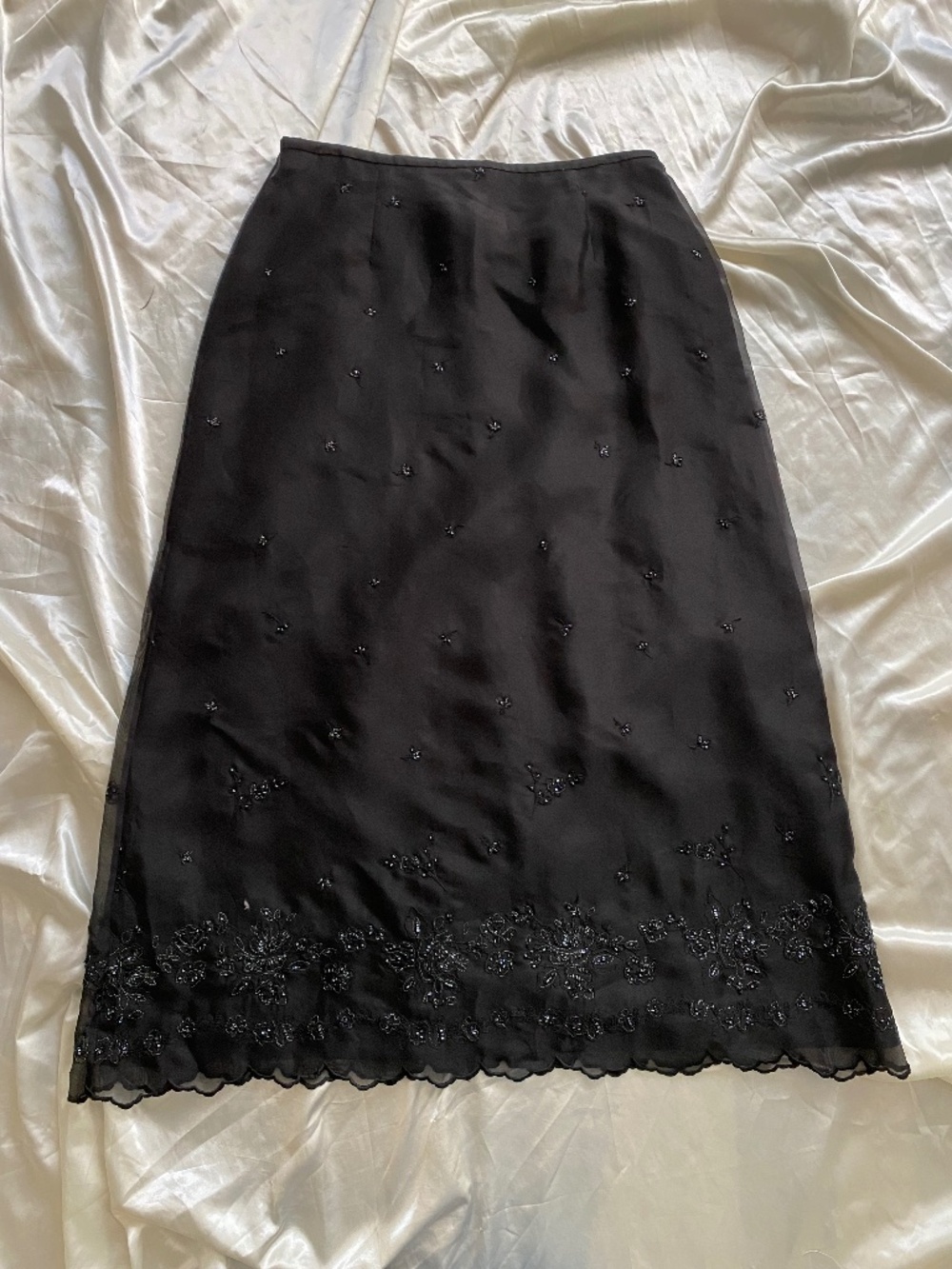 Vintage 1990s 100% Silk Black Beaded Maxi Skirt Fairy Whimsygoth Size 12